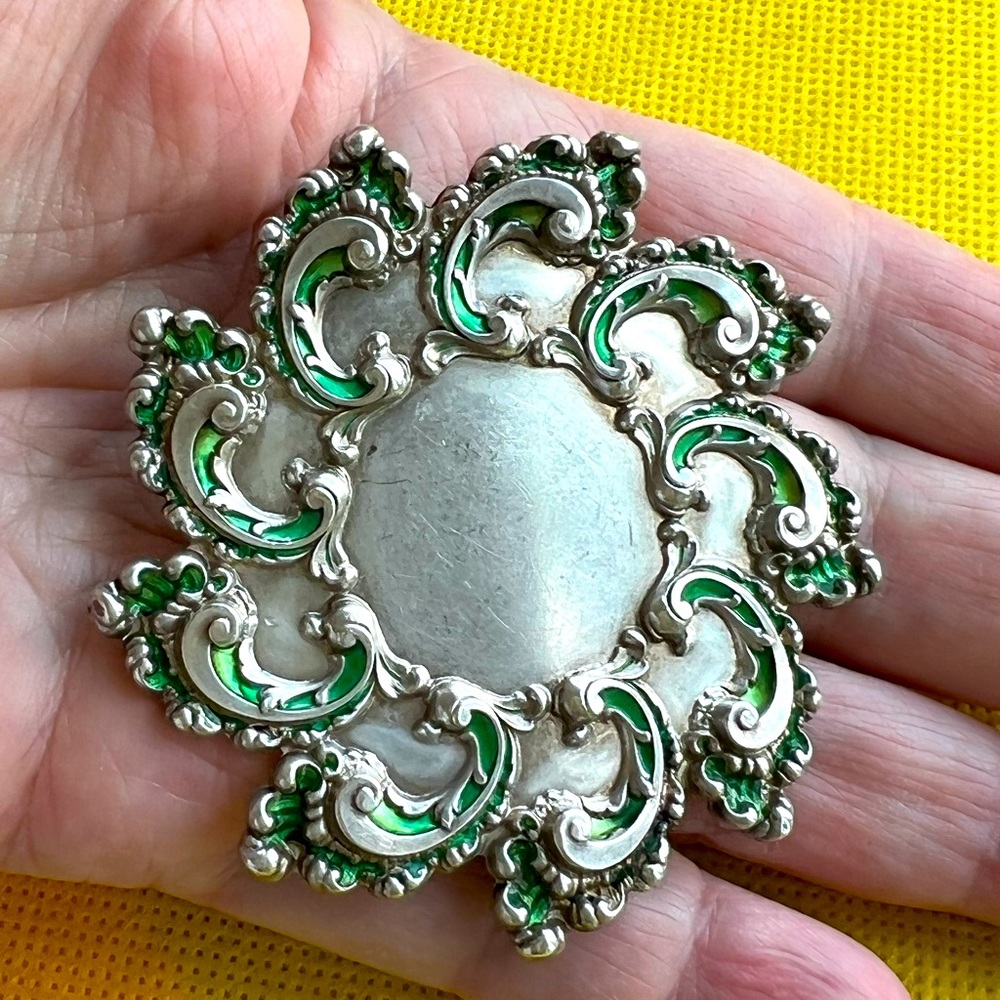 Stunning Antique sterling silver green Enamel belt buckle / sash marked